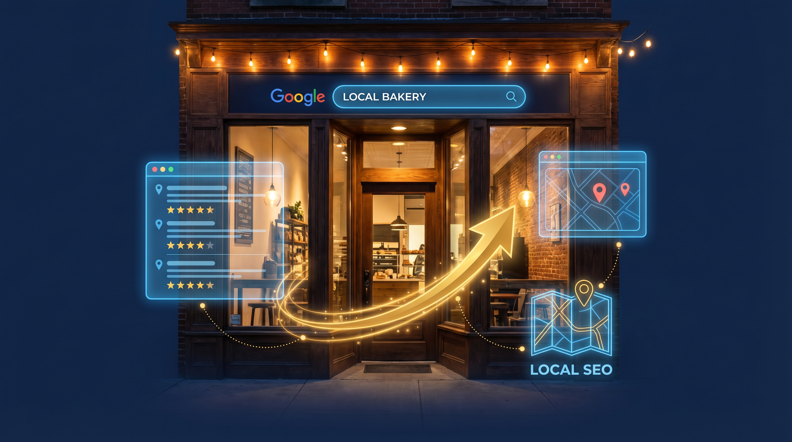 Small business storefront with digital marketing and SEO growth elements